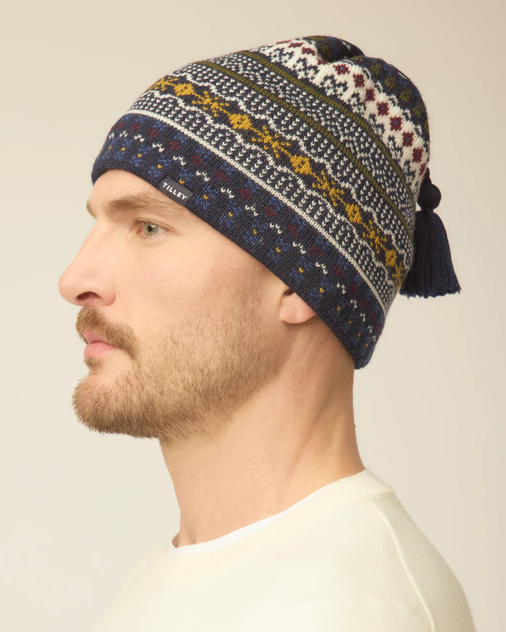 Tilley Hat-Fair Isle Cuffless Beanie Navy