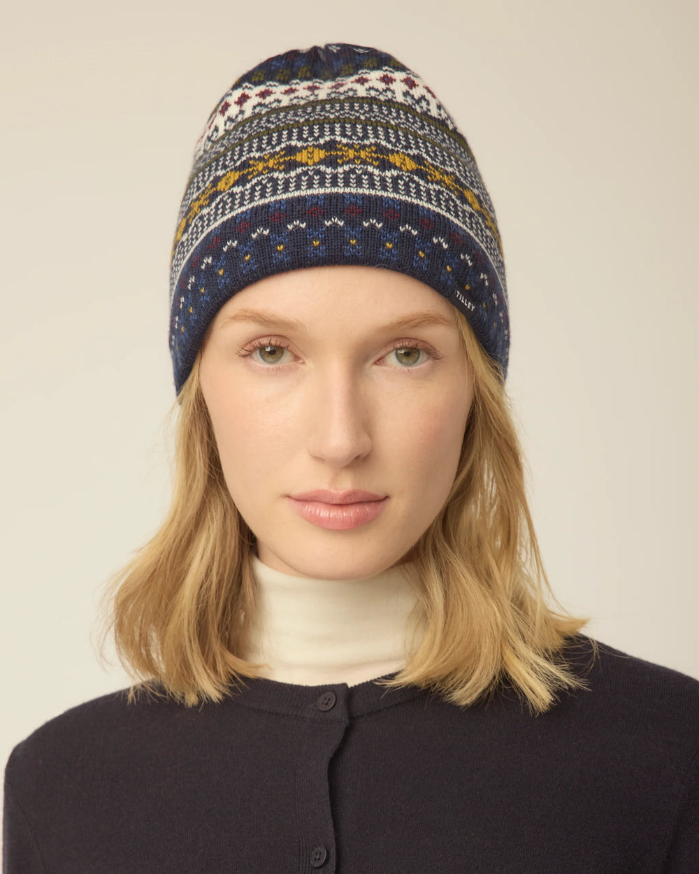 Tilley Hat-Fair Isle Cuffless Beanie Navy