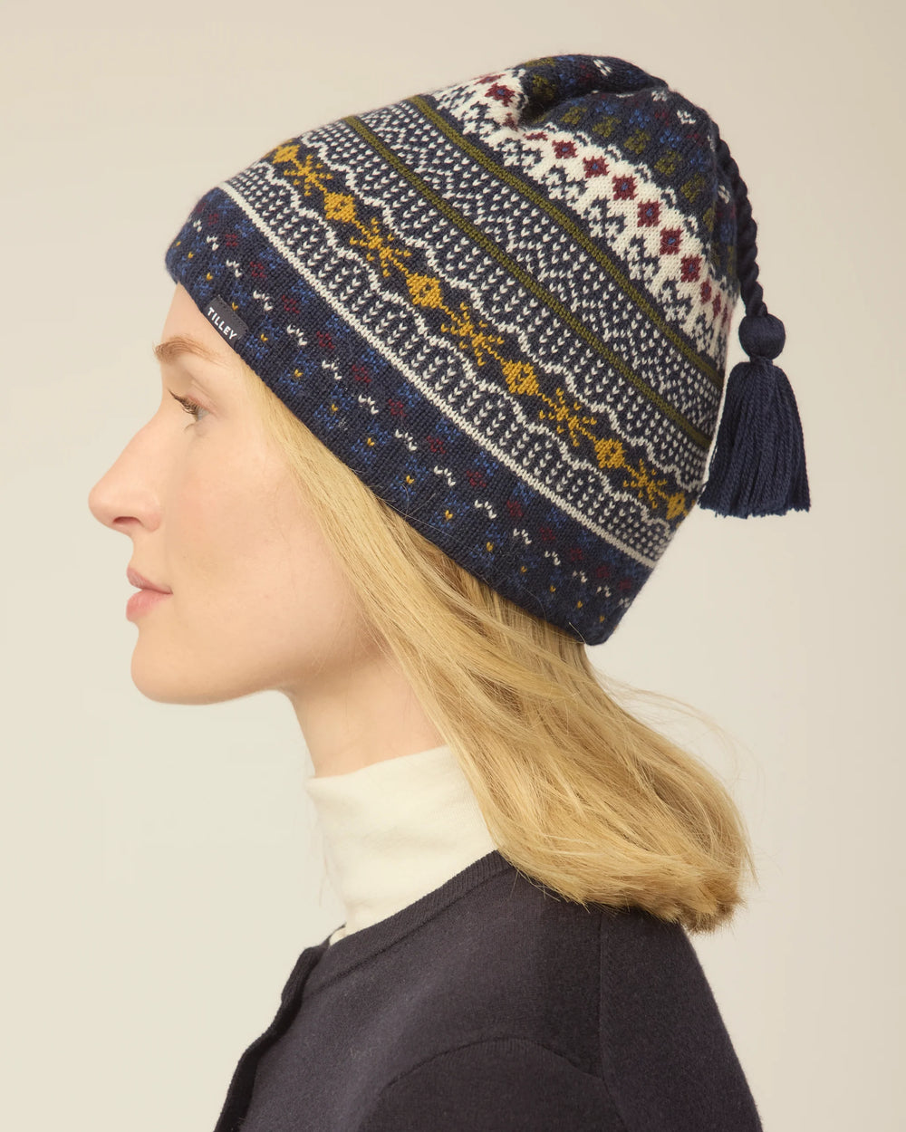 Tilley Hat-Fair Isle Cuffless Beanie Navy
