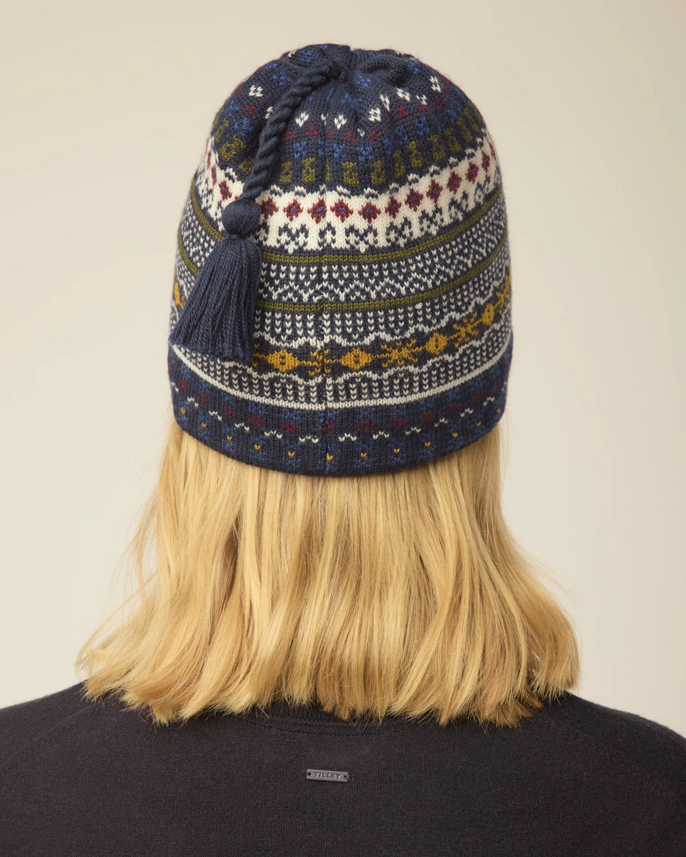 Tilley Hat-Fair Isle Cuffless Beanie Navy