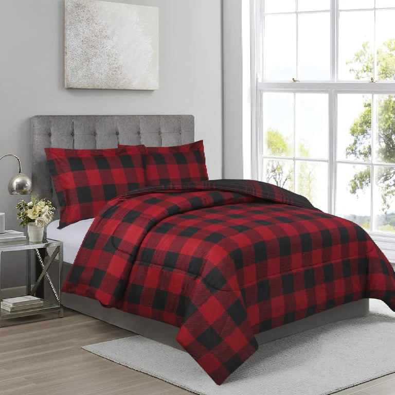 Reversible Red/Black Buffalo Check 3 Pieces Comforter Set