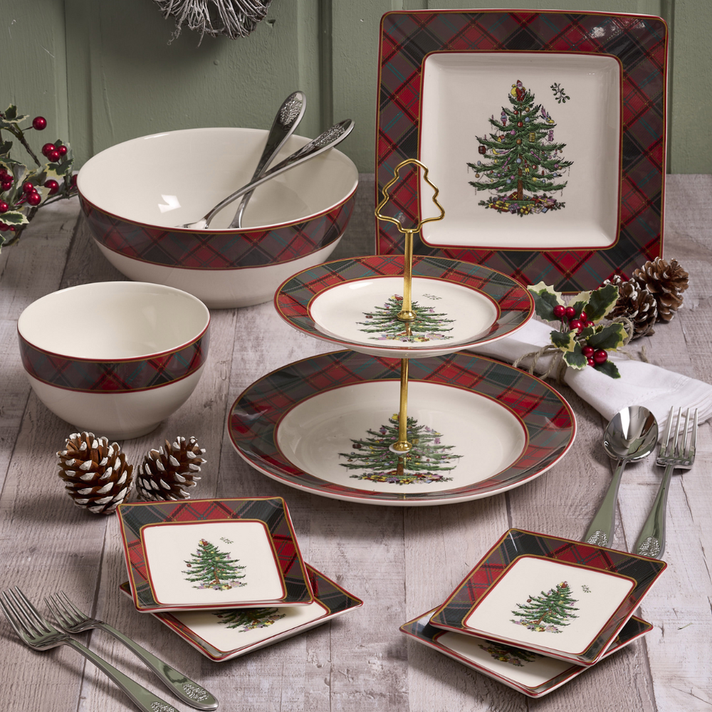 Spode Christmas Tree Tartan Tidbit Plates Set of 4