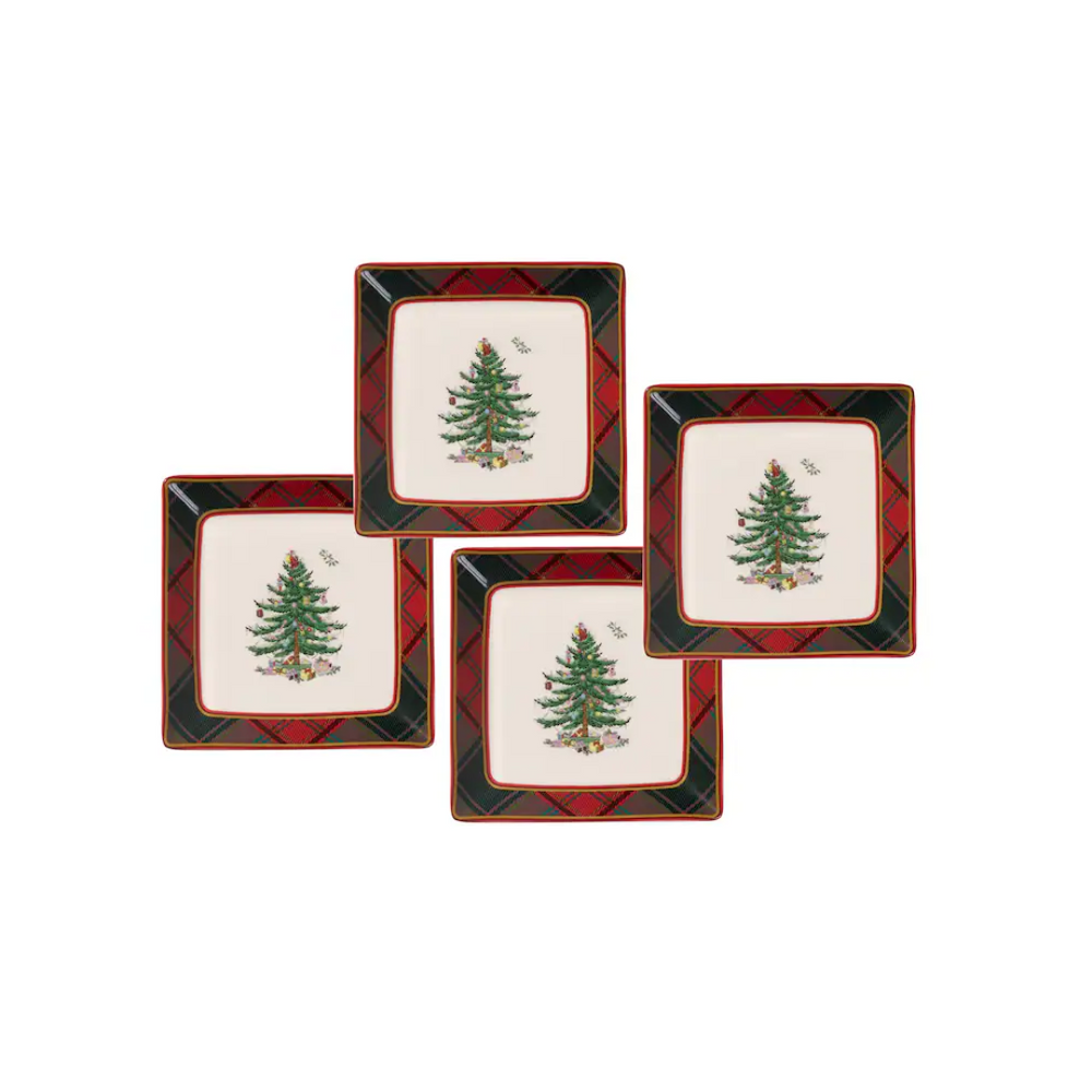 Spode Christmas Tree Tartan Tidbit Plates Set of 4