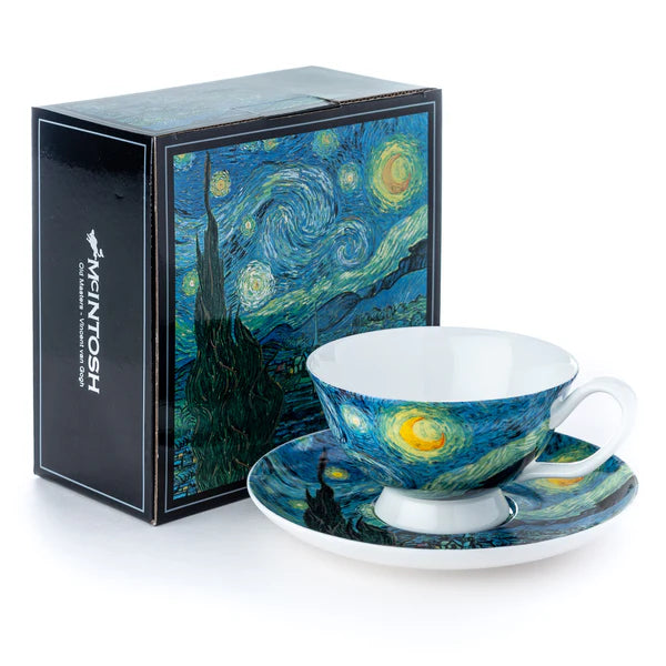 Tea set with 'Starry Night' design by Van Gogh, featuring a matching box.