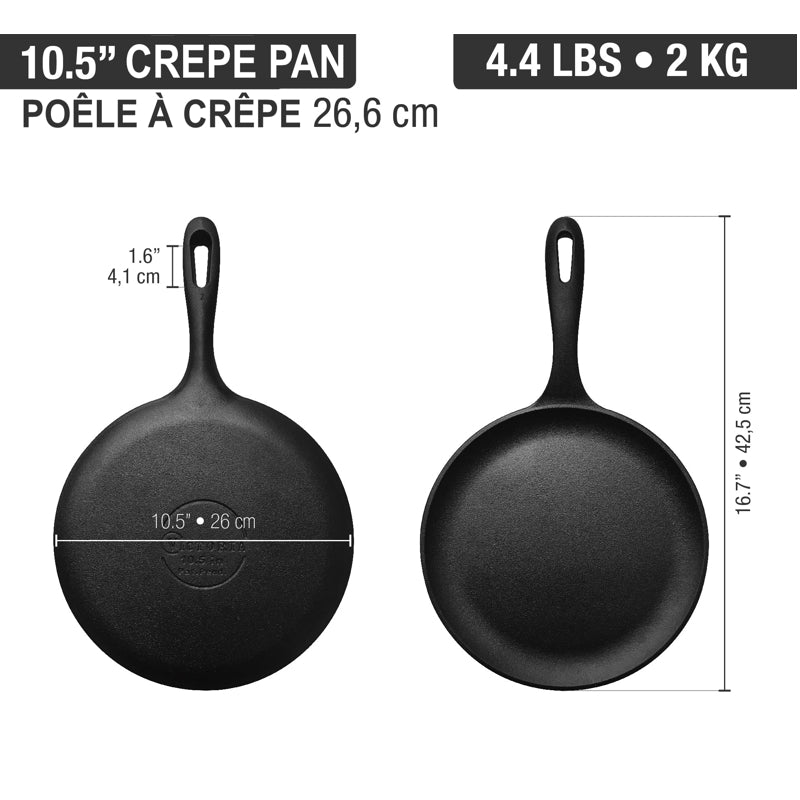 Black crepe pan with measurements and weight displayed on a white background