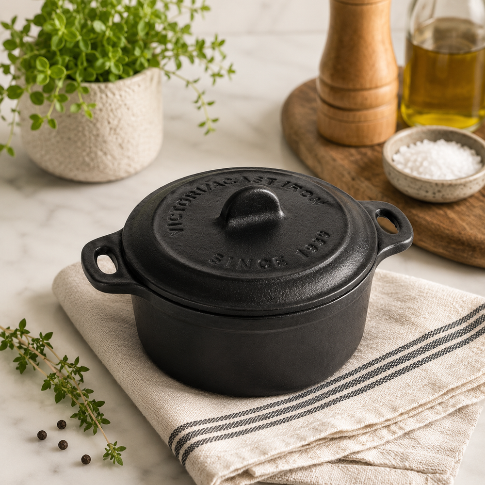 Black cast iron pot on a marble surface with herbs and a plant in the background