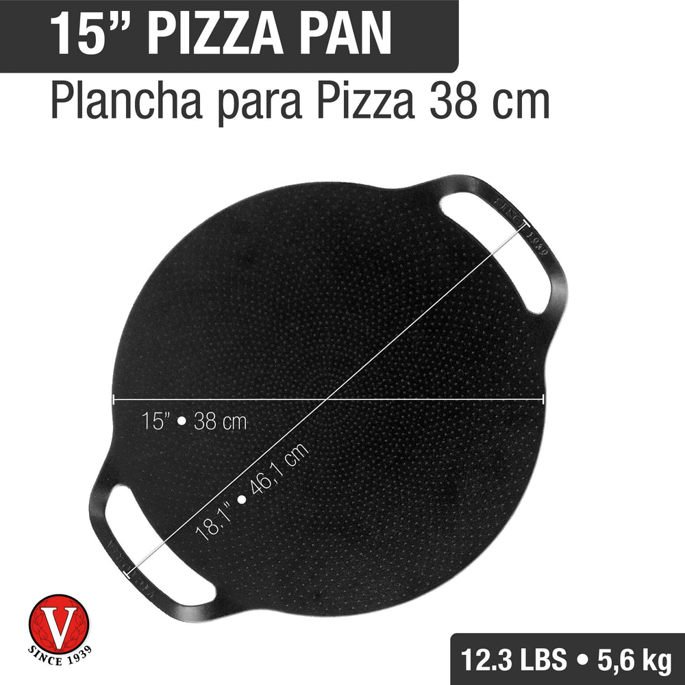 Black pizza pan with measurements and weight details on a white background