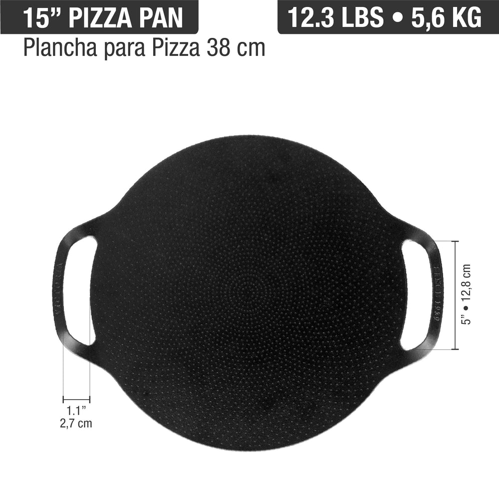 Black pizza pan with handles and measurements on a white background