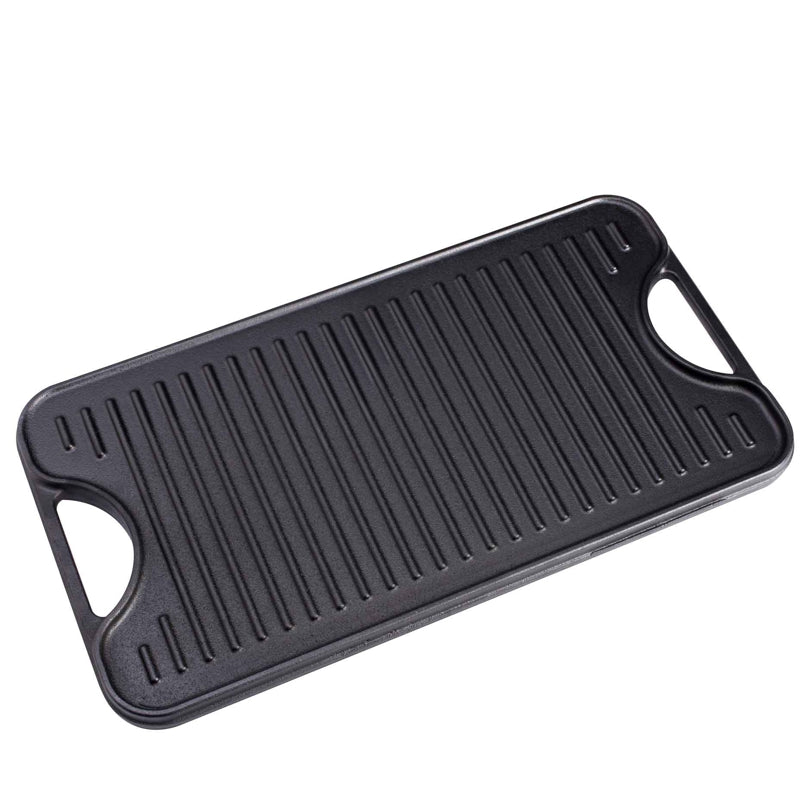Black grill pan with handles on a white background