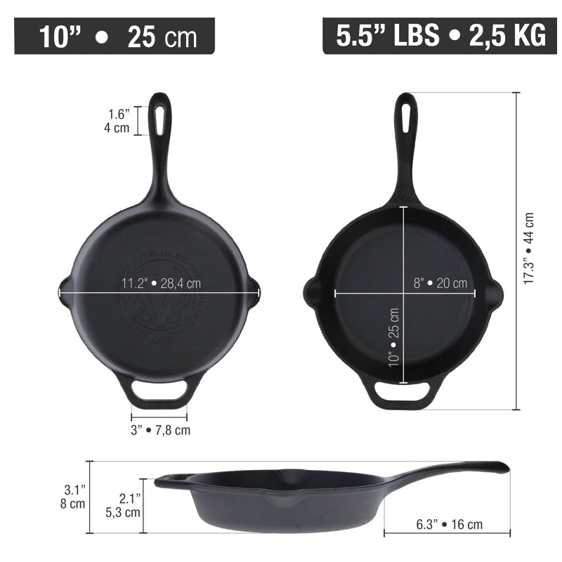 Black cast iron skillet with dimensions and weight displayed on a white background