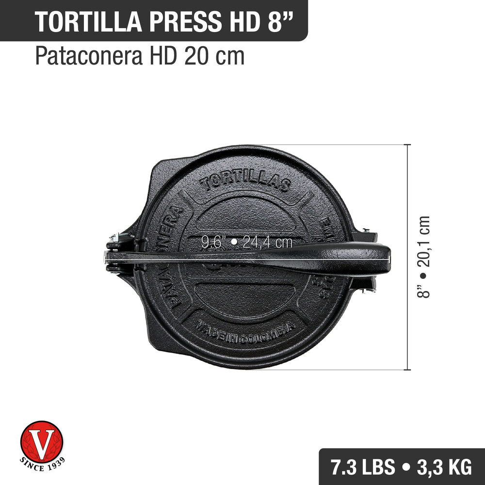 Black tortilla press with branding on a white background