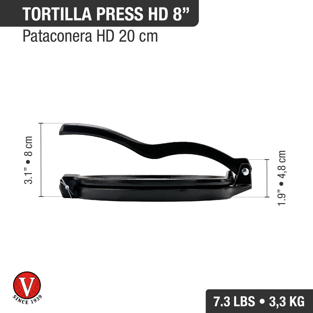 Black tortilla press with dimensions and weight information on a white background