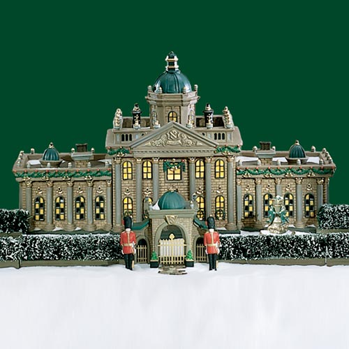 Palace with Guards and Shrubs on a Green Background.