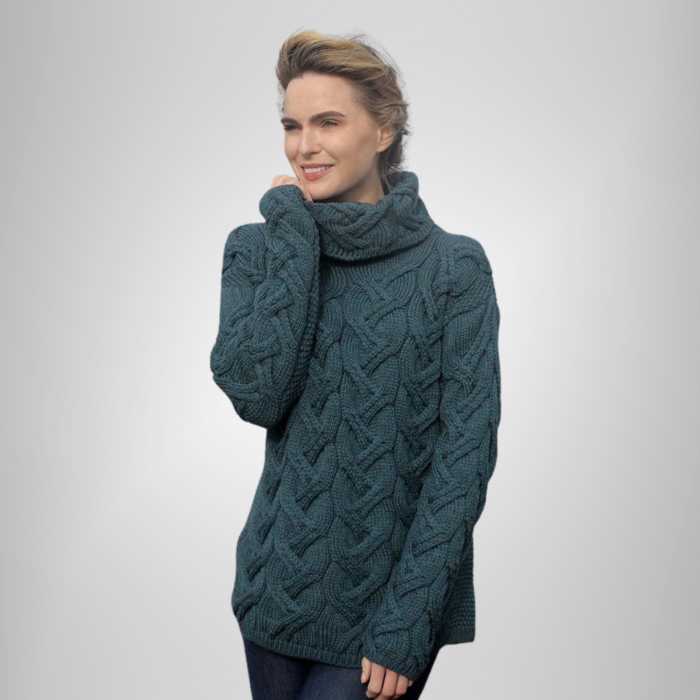 Aran Wool Supersoft Cowl Neck Sweater - Irish Sea (B692 443)