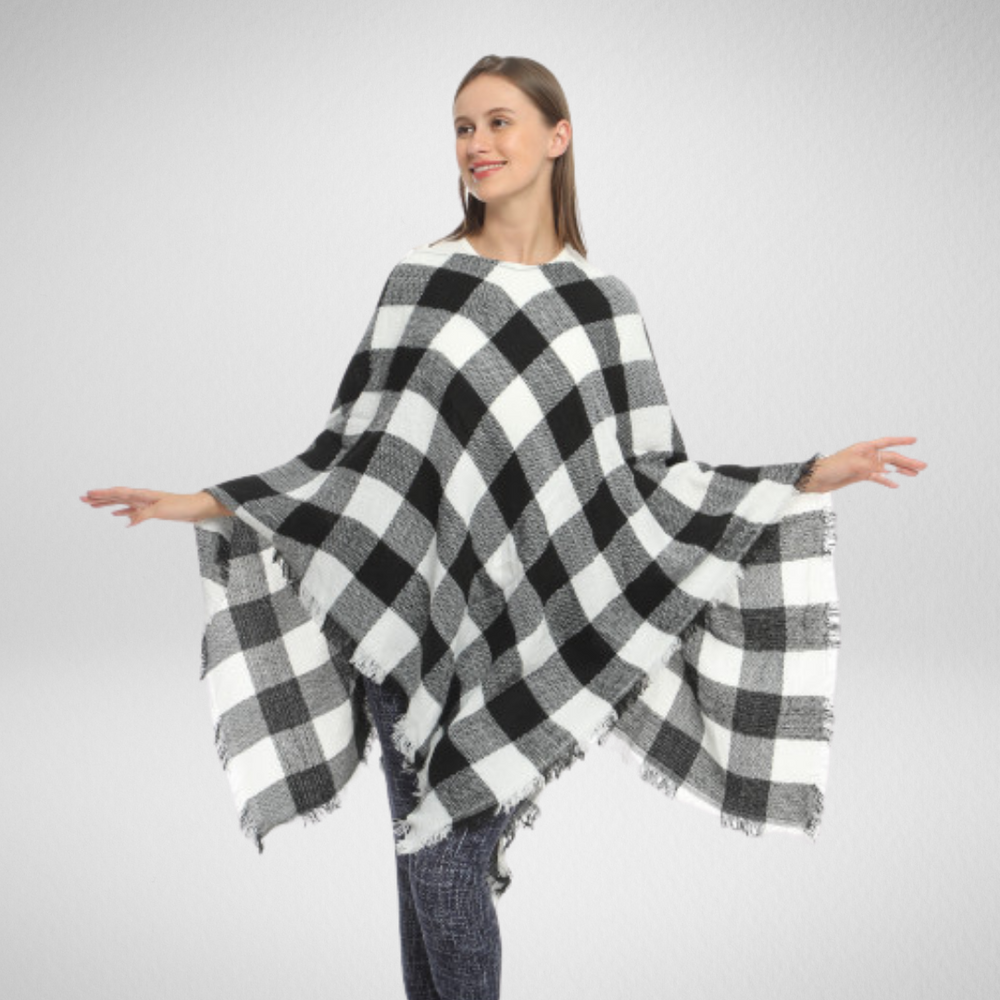 Imagine-Supersoft Plaid Poncho-Black/White