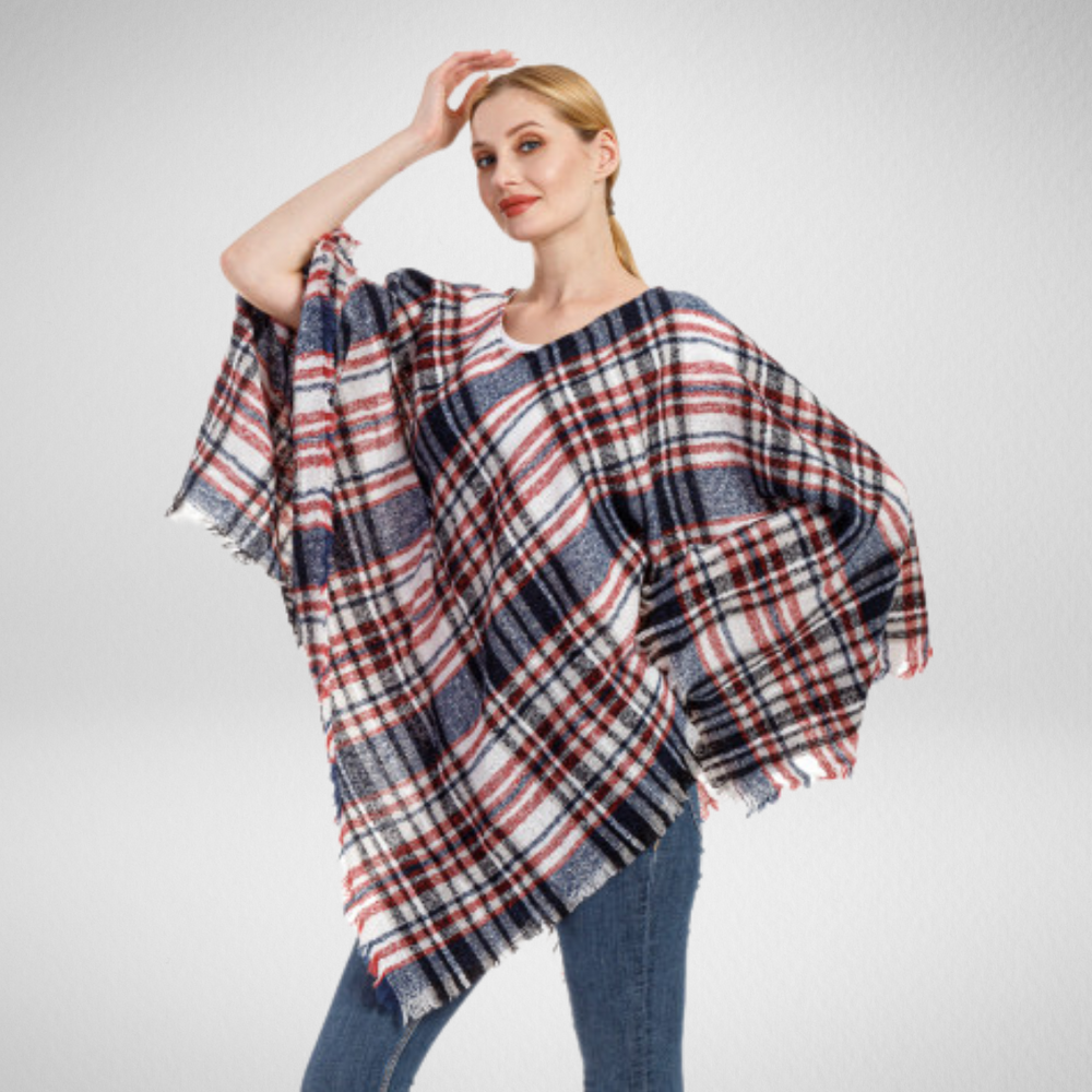 Imagine-Supersoft Plaid Poncho-Navy