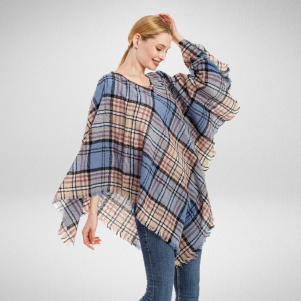 Imagine-Supersoft Plaid Poncho-Light Blue