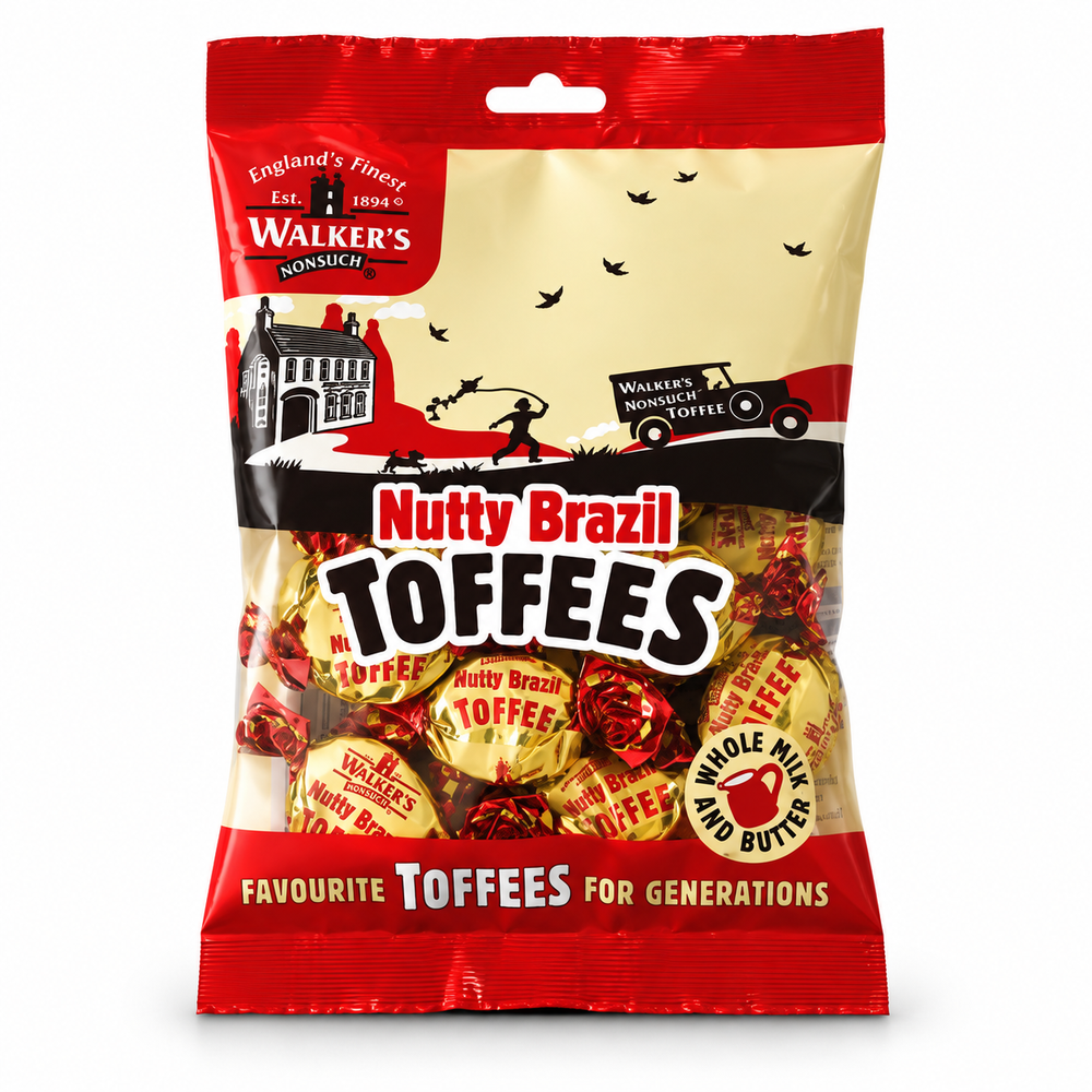 A bag of Walker's Nutty Brazil Toffees candy, featuring red and cream packaging with illustrations of a house and a vintage car, and a clear window showing the wrapped toffees inside.