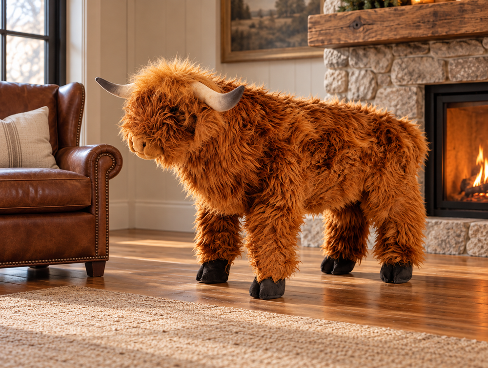 A fluffy Highland cow plush toy or decorative animal figure with long orange-brown fur, gray horns, and black hooves, standing on a wood floor in a cozy living room near a leather armchair and fireplace.