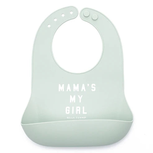 Mint green baby bib with 'Mama's My Girl' text on a white background