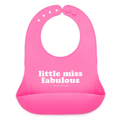 Pink bib with 'little miss fabulous' text on a white background