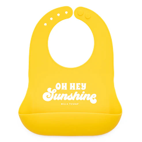 Yellow bib with 'OH HEY Sunshine' text on a white background