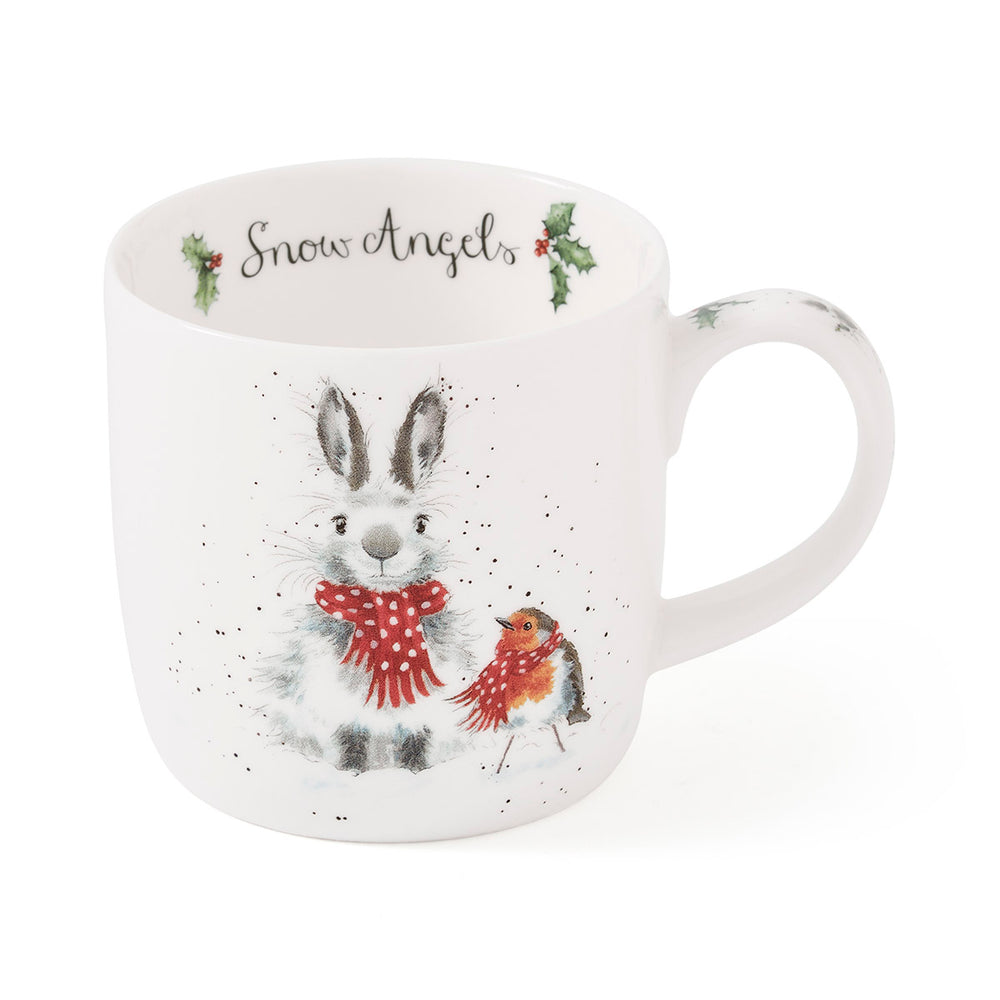 Mug with a rabbit and robin design and 'Snow Angels' text on a white background