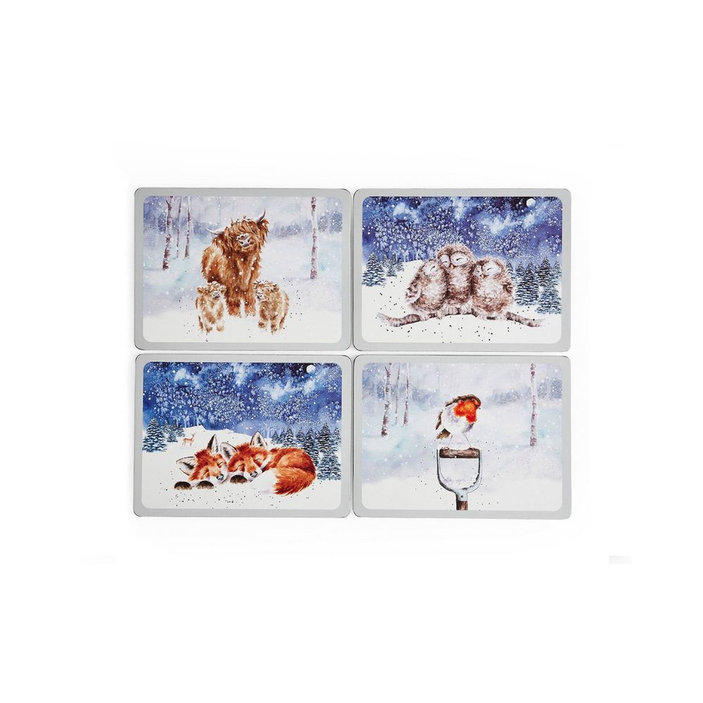 A set of four illustrated placemats with Christmas designs, featuring animals such as a highland cow, owl, fox, and robin in a wintery landscape.