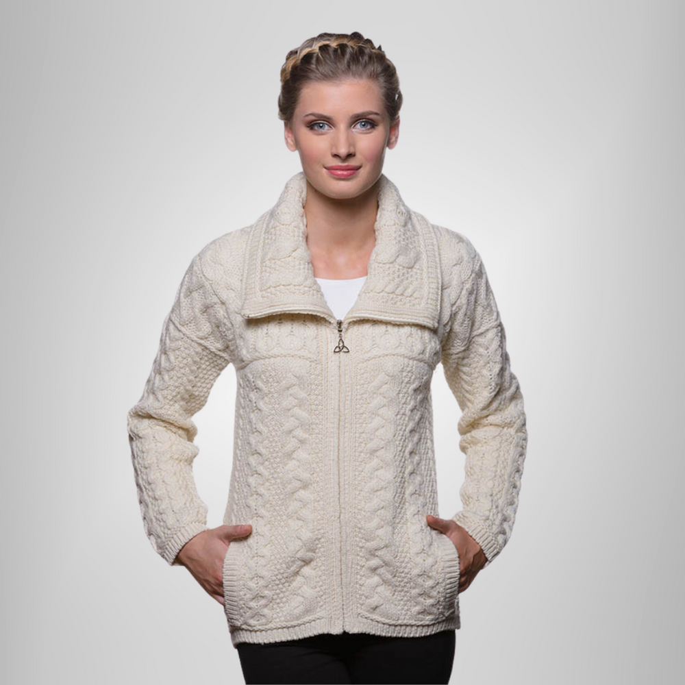 Aran Irish Short Double Collar Zip Cardigan - Natural (X4267)