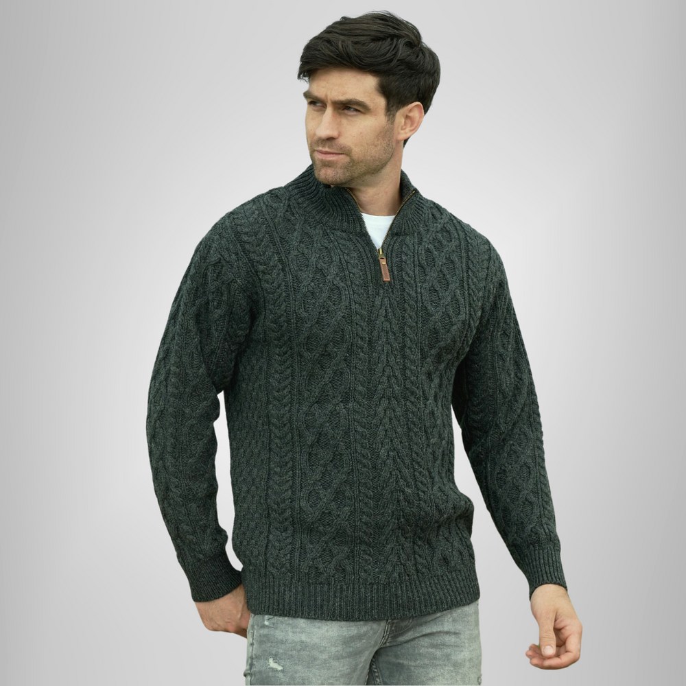 Aran Irish Men's Half Zip Sweater - Army Green (X4295)