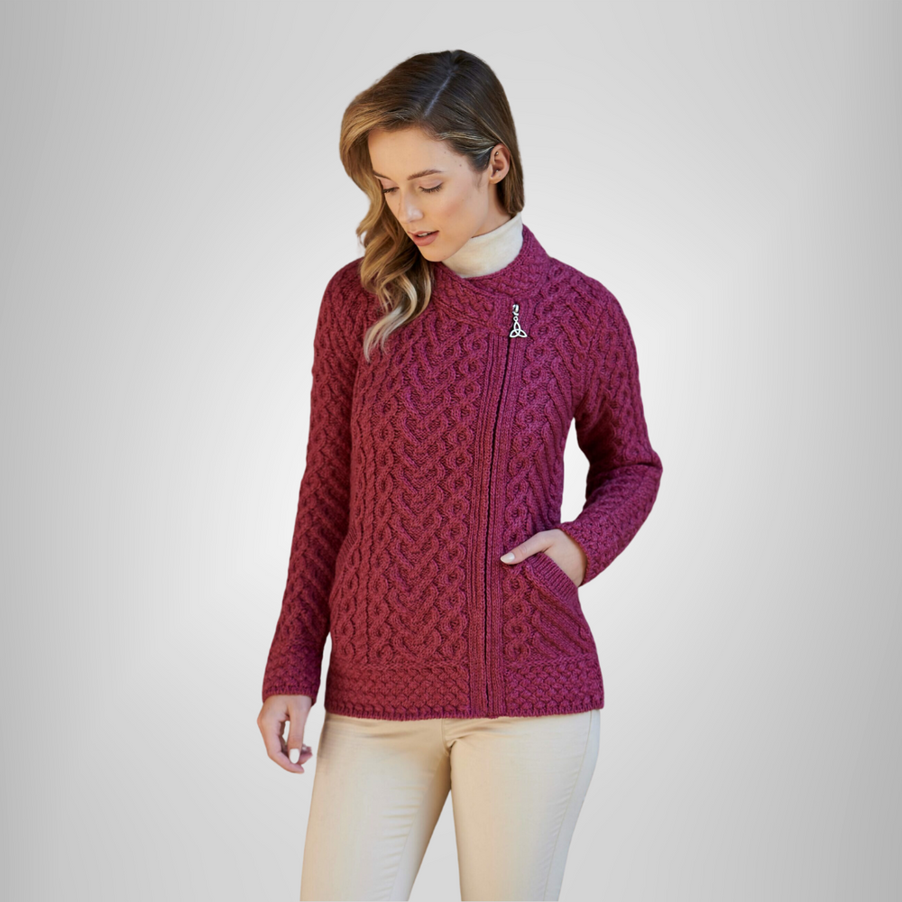 Aran Irish Side Zip Heart Design Cardigan - Magenta (X4884)