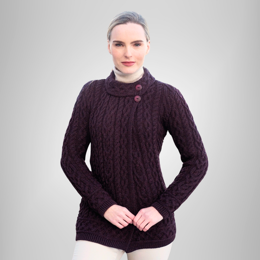 Aran Irish Meath Side Button Cardigan - Damson (X5071)