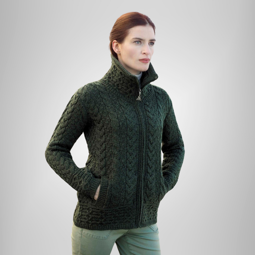 Aran Irish Short Double Collar Zip Cardigan - Army Green (X5230)