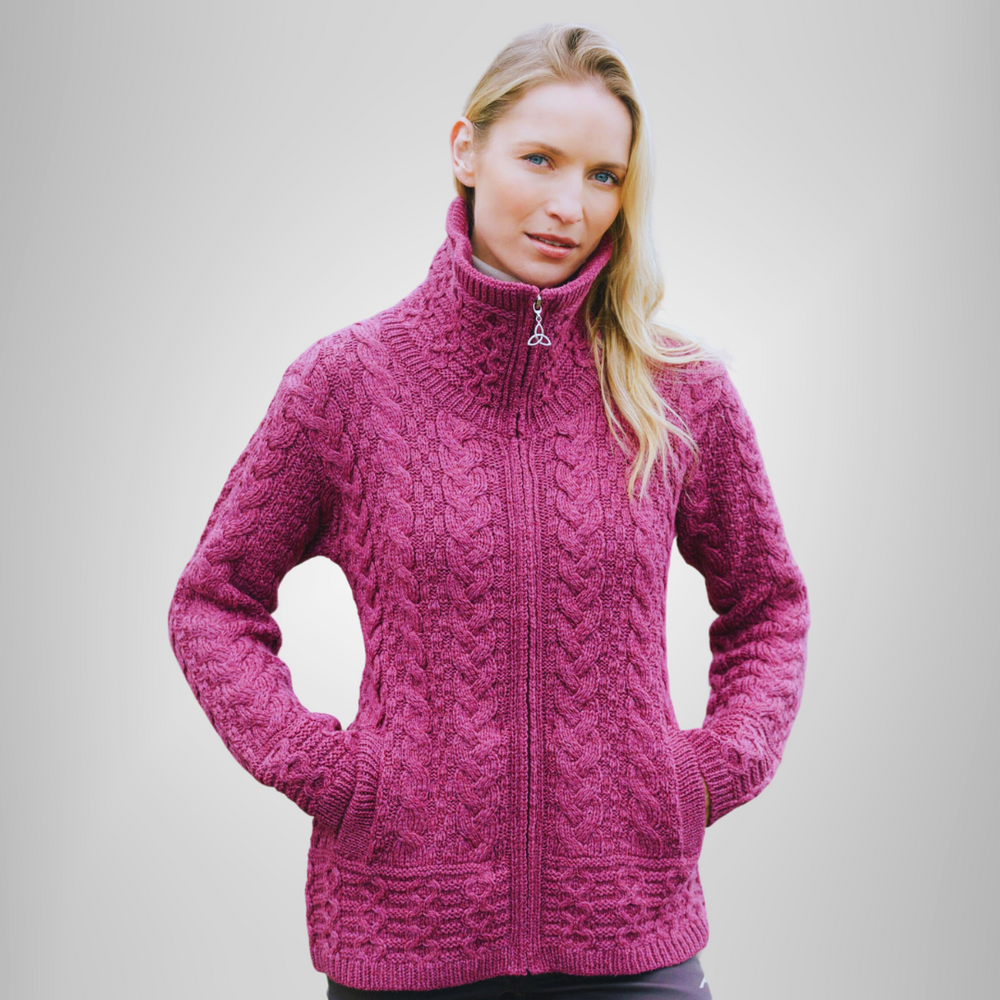 Aran Irish Short Double Collar Zip Cardigan - Berry (X5230)