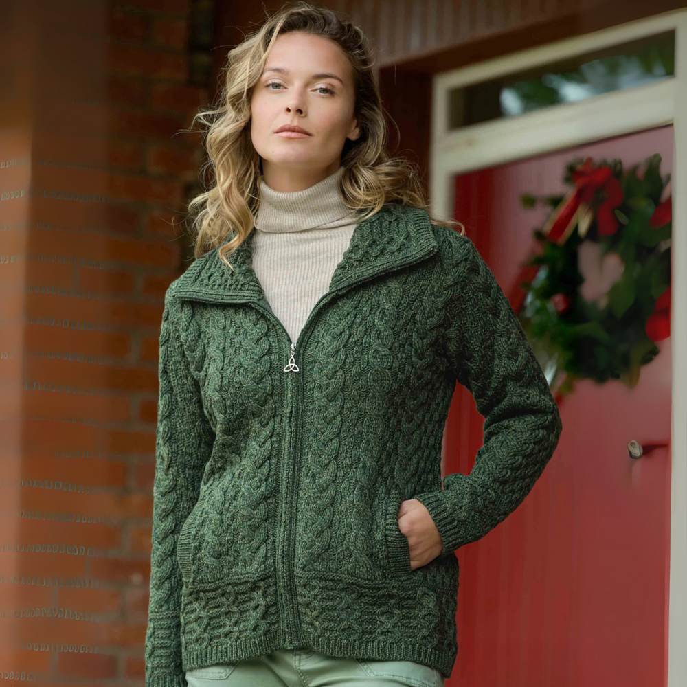 Aran Crafts Double Collar Trinity Cardigan - Army Green (X5230)