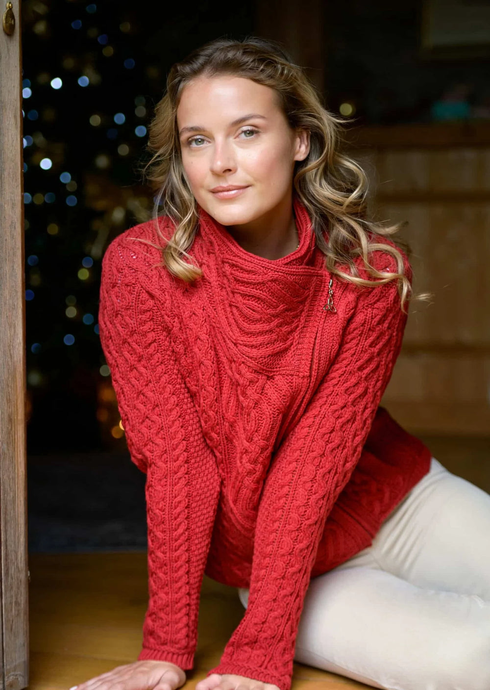 Aran Irish Women's Side Zip Cardigan - Cherry (Z4630)