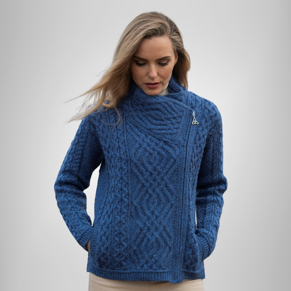 Aran Irish Short Jacke‎t w‎/Celtic Kn‎ot Side Zip‎‎‎‎‎‎‎ - Marl Blue (Z4630)