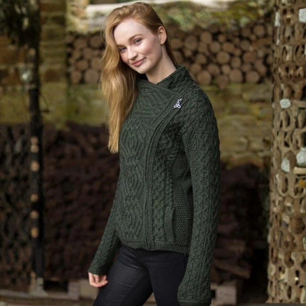 Aran Irish Women's Side Zip Cardigan - Army Green (Z4630)