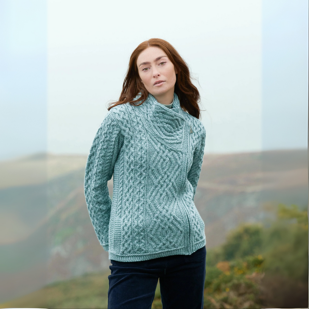 Aran Irish Women's Side Zip Cardigan -Mermaid (Z4630)