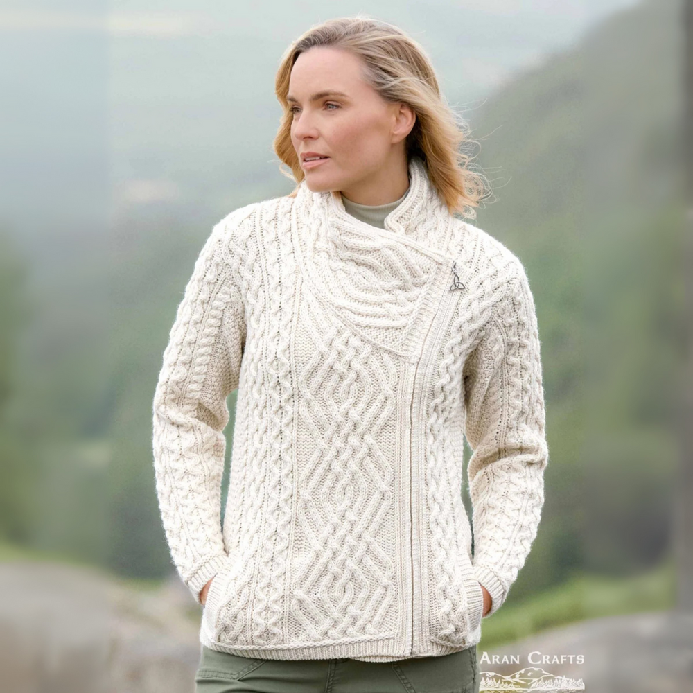 Aran Irish Women's Side Zip Cardigan - Natural (Z4630)