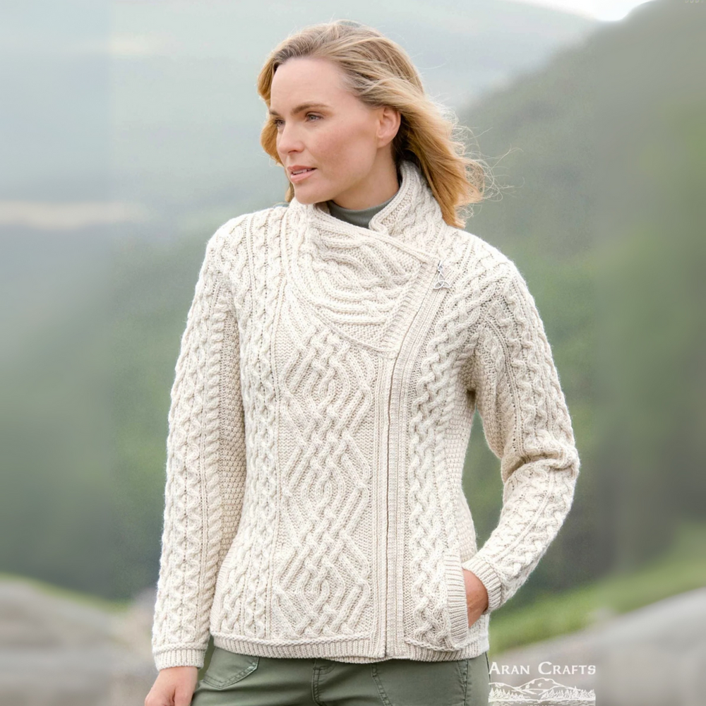 Aran Irish Women's Side Zip Cardigan - Natural (Z4630)
