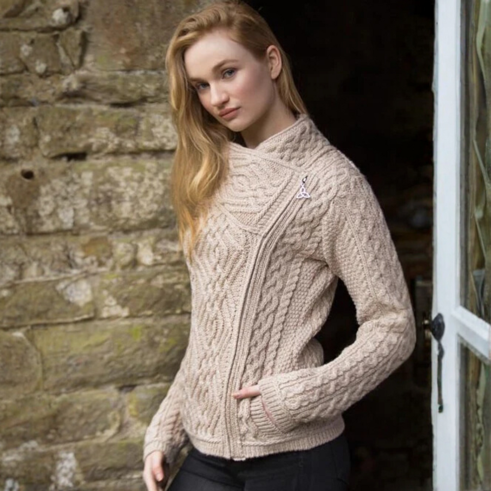 Aran Irish Women's Side Zip Cardigan - Parsnip (Z4630)