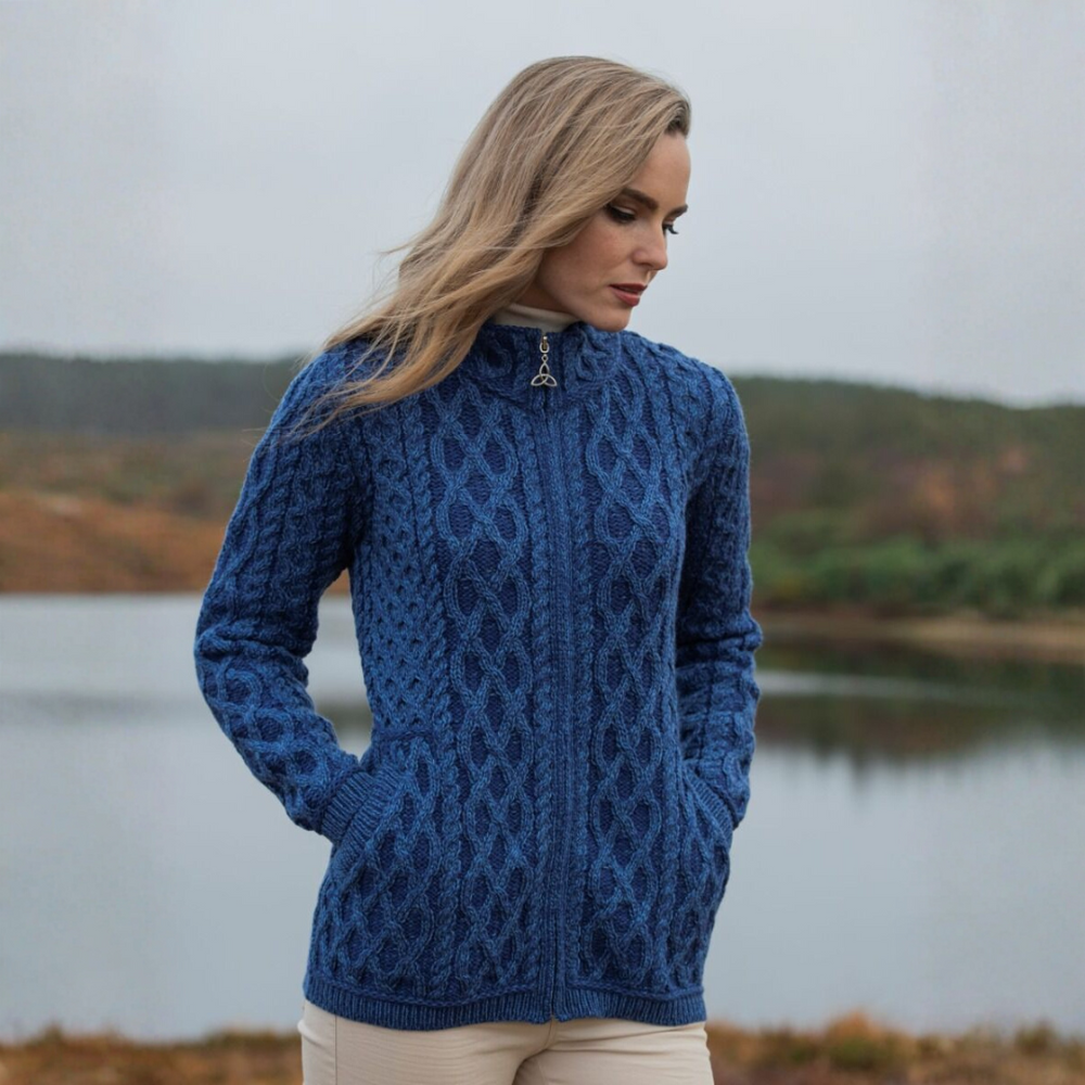 Aran Irish Women's Plated Zip Cardigan - Marl Blue (Z4689)