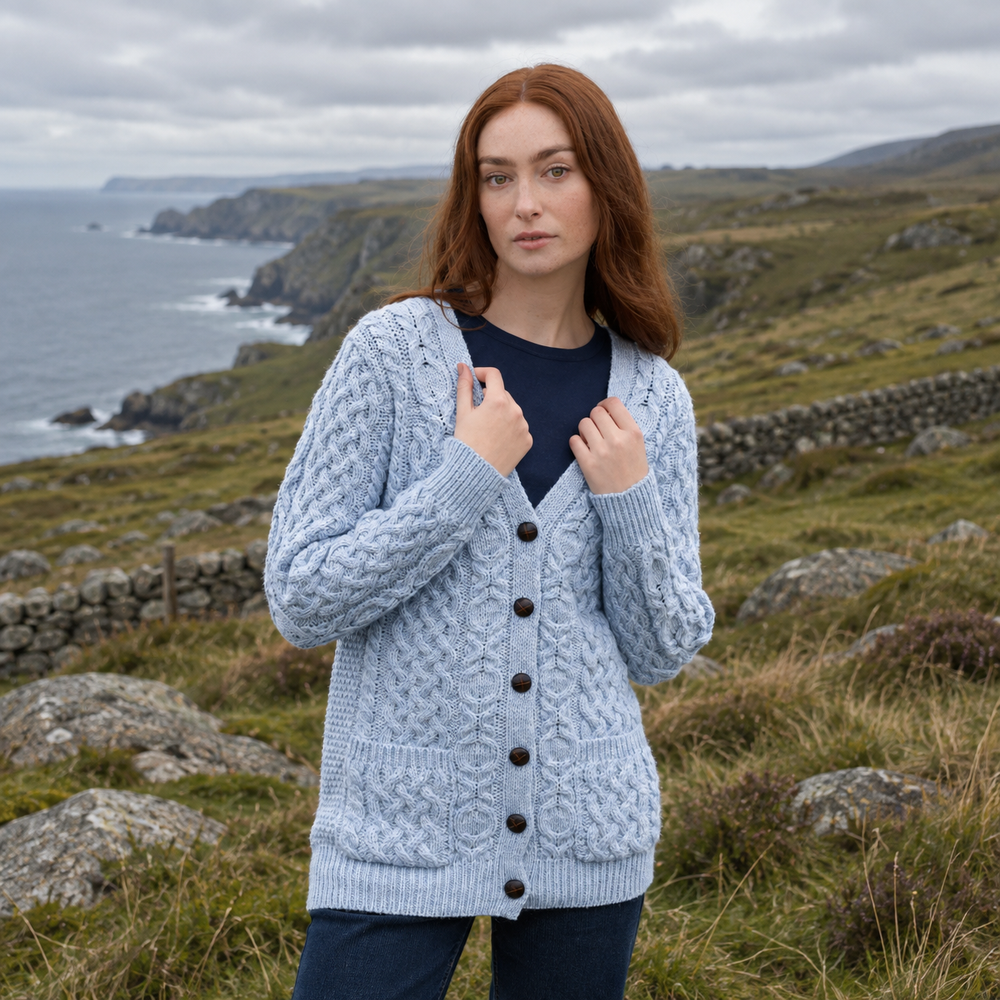 Aran Irish Women's Boyfriend Cardigan - Ice Marl (X4241)