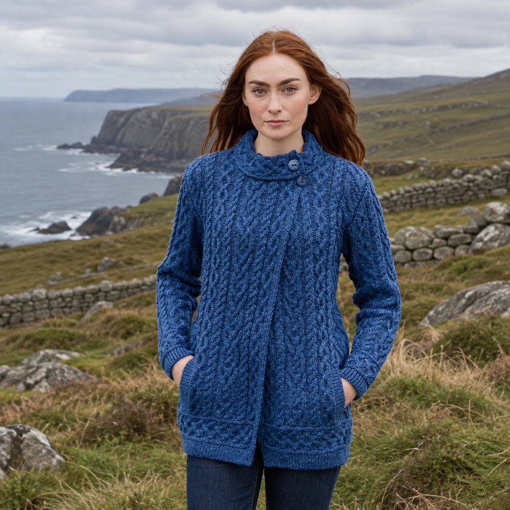 Aran Irish Women's Side Button Cardigan - Marl Blue (X5071)