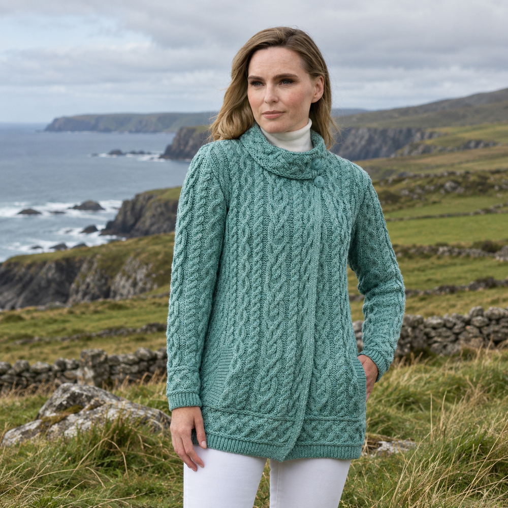 Aran Irish Women's Side Button Cardigan - Mermaid (X5071)