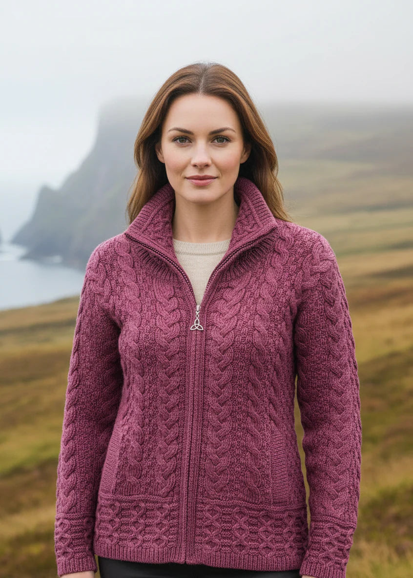 Aran Crafts Double Collar Trinity Cardigan - Berry (X5230)