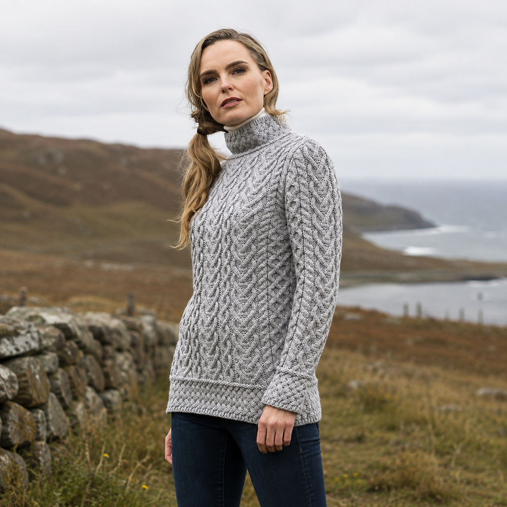 Aran Irish Women's Heart High Neck Sweater - Soft Grey (C4767)