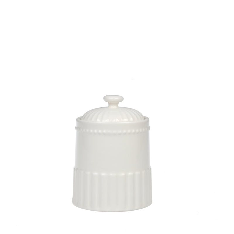 White ceramic jar with a lid on a white background