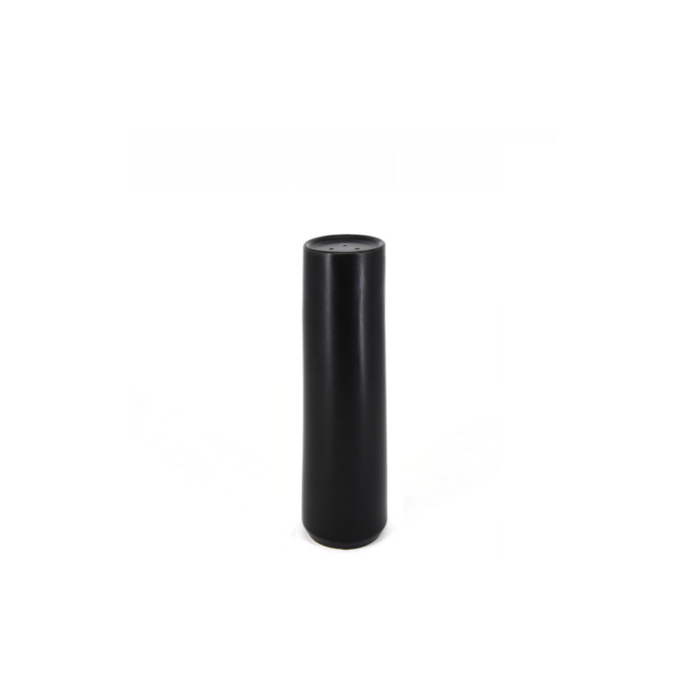 A single black stoneware salt or pepper shaker with a matte finish, standing upright against a white background.